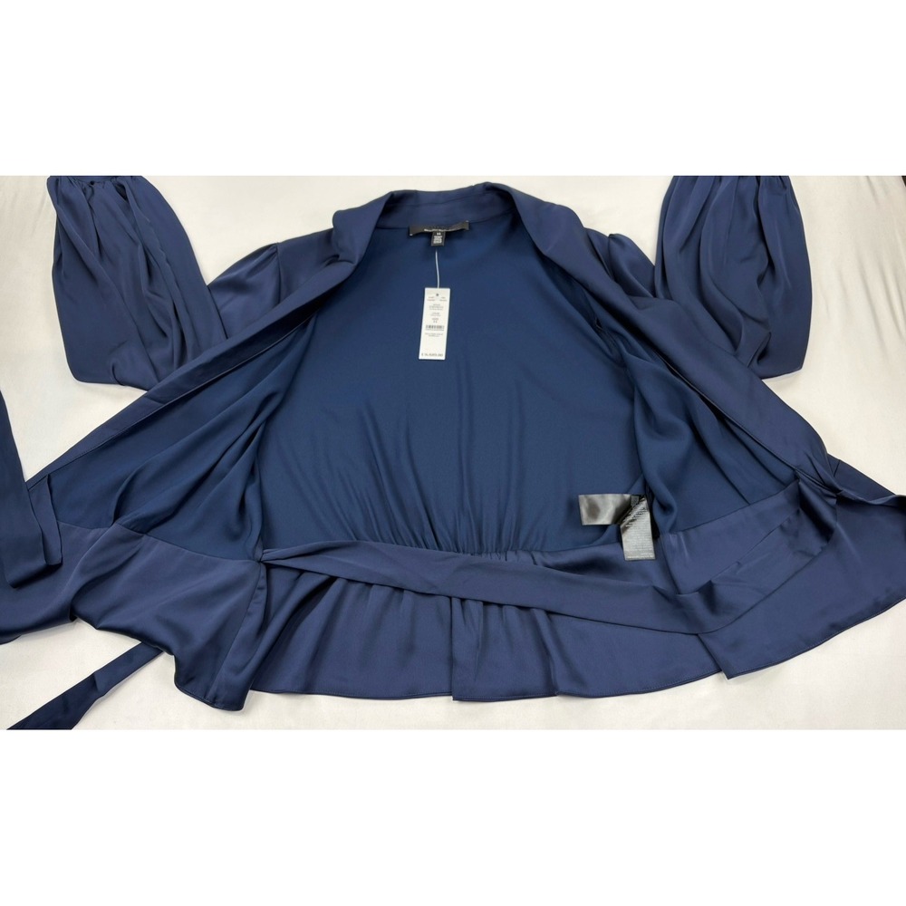 NWT White House Black Market Blue Satin Wrap Blouse Tie Waist Puff Sleeve Sz 14 - Picture 4 of 16